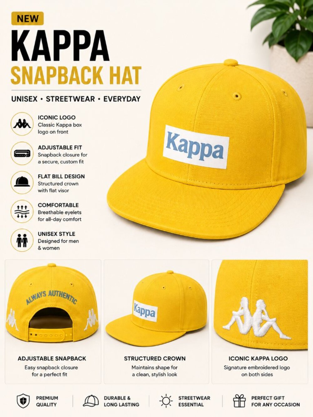 NEW Kappa Logo Snapback Hat Adjustable Flat Bill Cap Yellow Unisex Streetwear